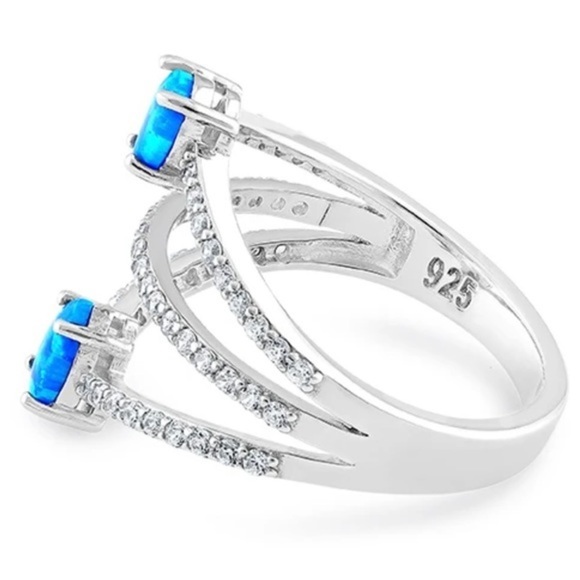 925 Sterling Silver Three Layer Pear Blue Lab Opal Ring - Picture 4 of 6